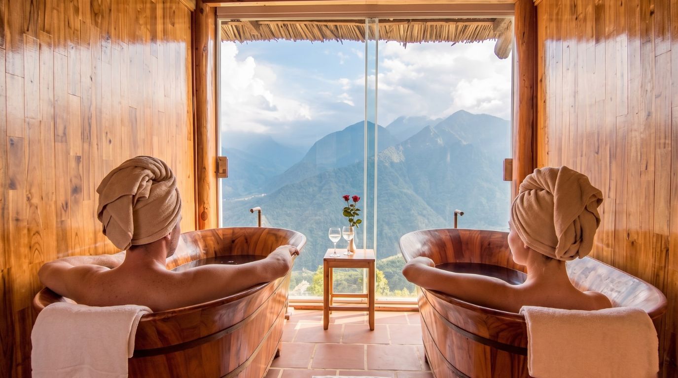 A romantic Red Dao herbal bath experience with breathtaking mountain views at a luxury eco-lodge in Sapa