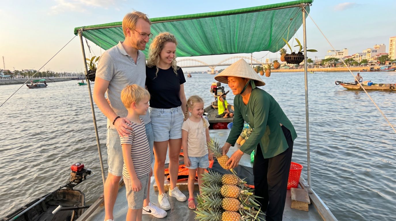 A tourist family buying fresh pineapples from a local vendor on a traditional wooden boat at Cai Rang floating market in the Mekong Delta