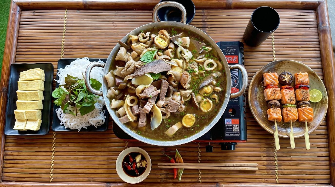 A traditional Vietnamese mountain hotpot served with grilled salmon skewers, fresh herbs, and tofu on a bamboo table