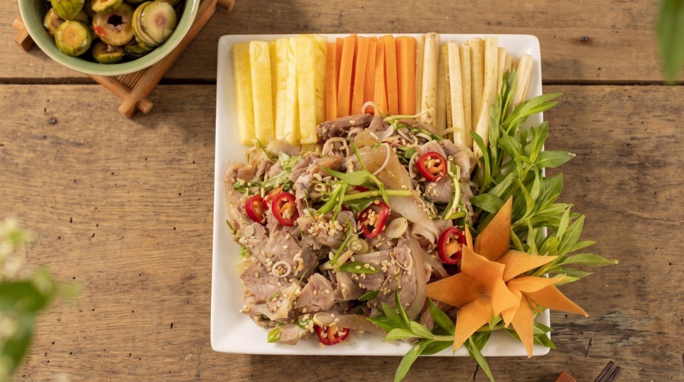 A traditional plate of rare goat meat salad