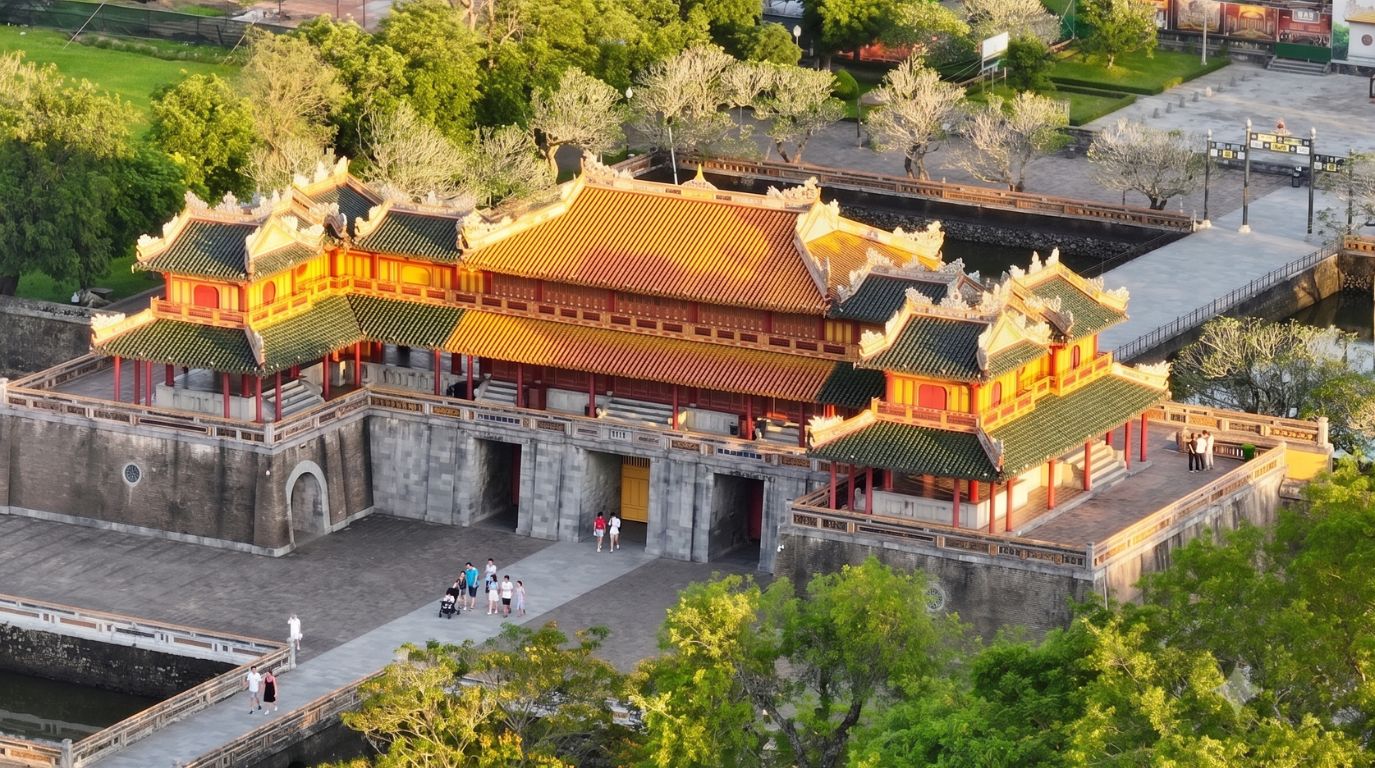 Aerial golden hour view of the Ngo Mon Gate, the majestic main entrance to the UNESCO World Heritage Imperial City of Hue