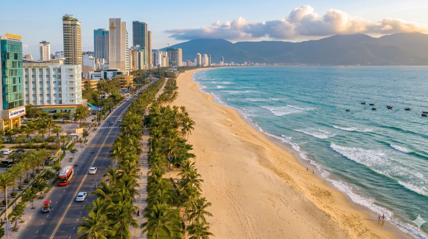 Aerial view of My Khe Beach in Da Nang showing clear skies and calm waters, representing the best time to visit in spring