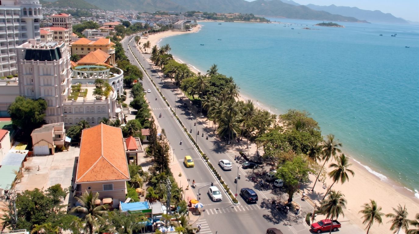 Aerial view of Tran Phu coastal road along the beautiful white sand beach of Nha Trang, lined with luxury beachfront hotels