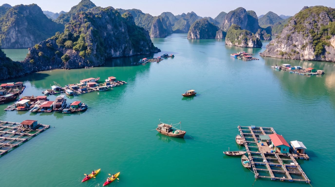 Aerial view of towering limestone karsts, floating fishing villages, and people kayaking in emerald waters