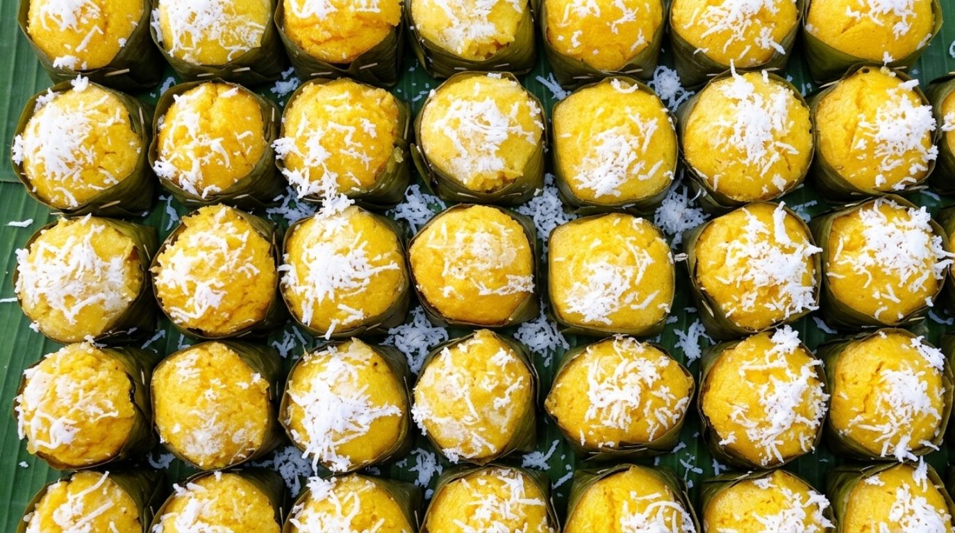 Authentic Banh Bo Thot Not (palm sugar honeycomb cake), a famous and delicious local sweet treat in the Mekong Delta