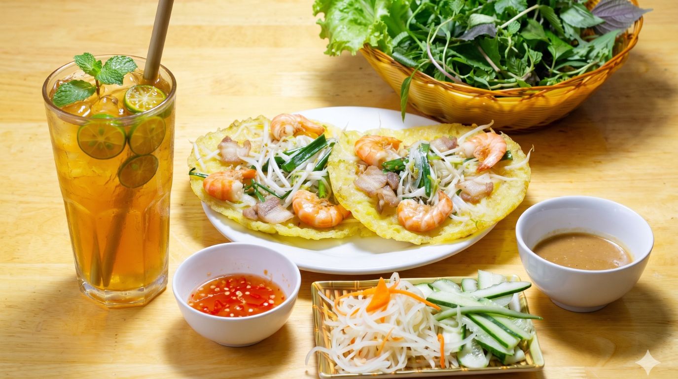 Authentic Banh Xeo Tom Nhay served with fresh herbs and peanut dipping sauce in Quy Nhon