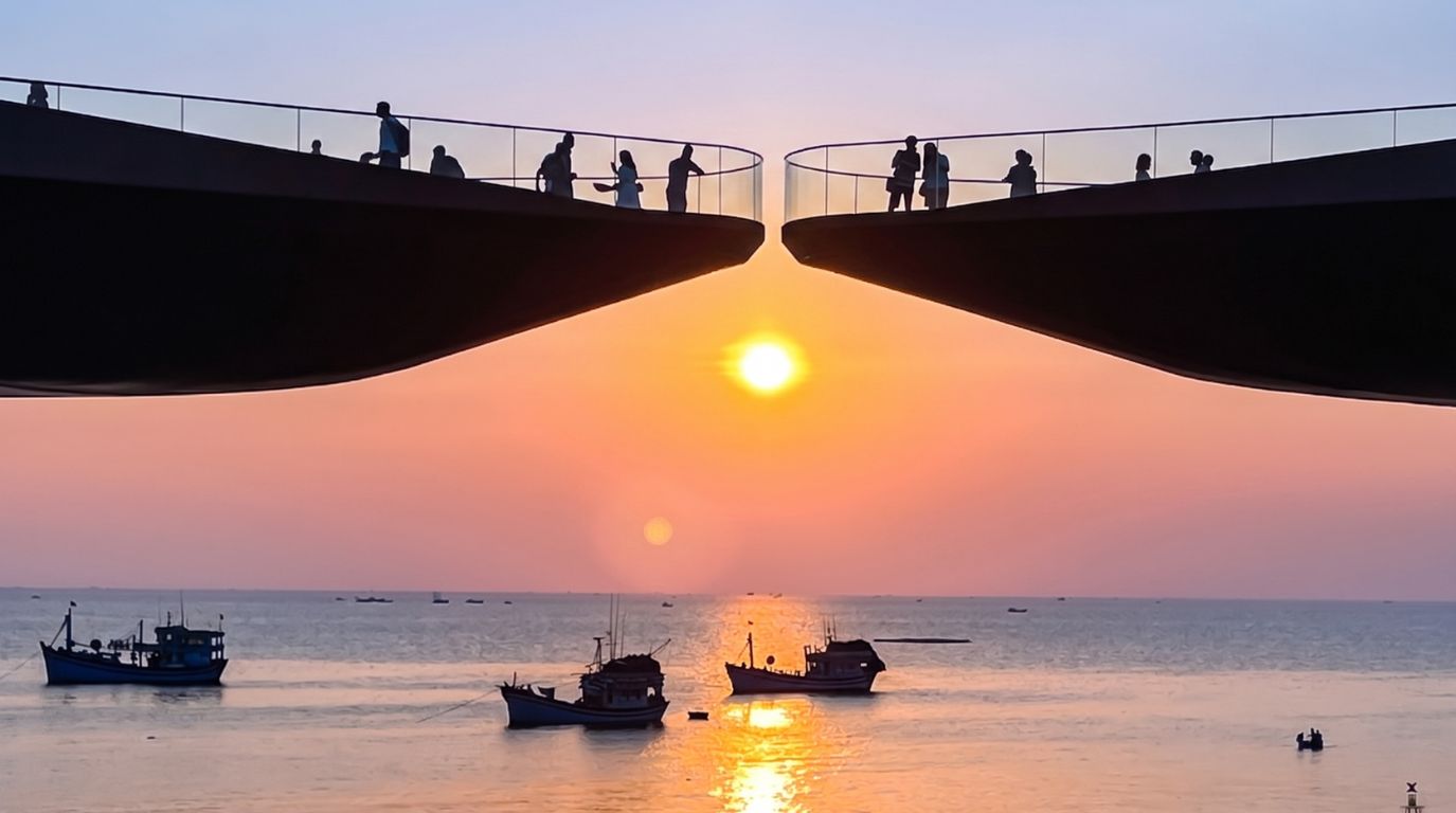 Breathtaking sunset view through the architectural gap of the Kiss Bridge in Sunset Town, South Phu Quoc