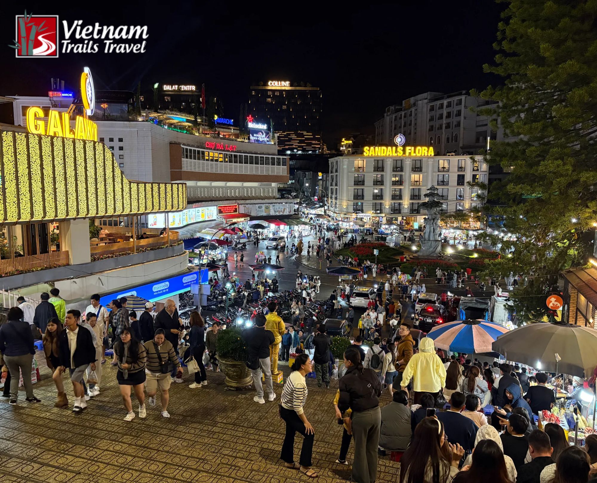Busy Dalat Night Market (Cho Dem Da Lat) in the city center at night