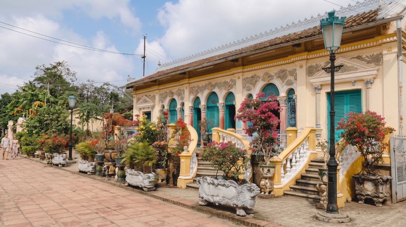 Exterior view of the historic Binh Thuy Ancient House in Can Tho, featuring ornate yellow French colonial architecture