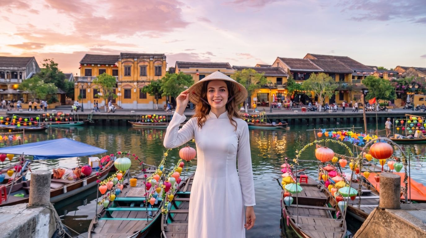 Female tourist in Ao Dai posing at Hoi An Ancient Town along the scenic Hoai River