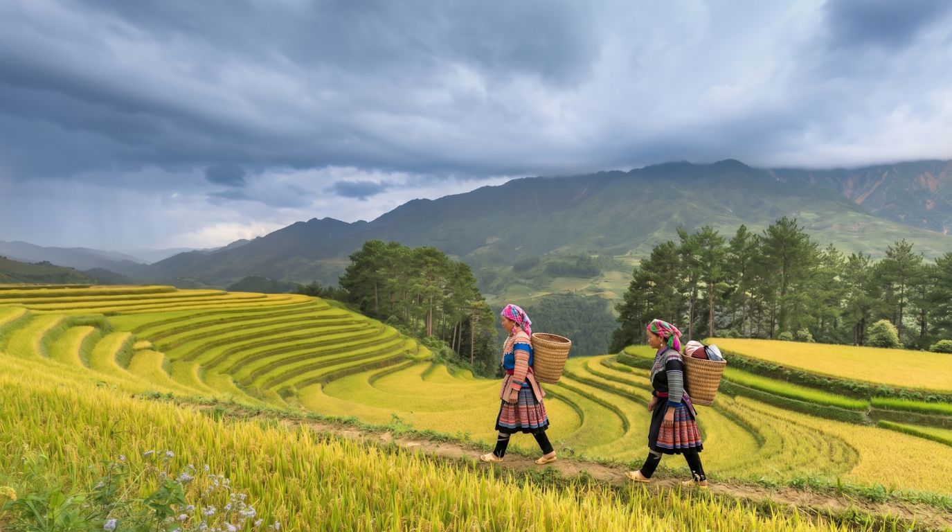 Hmong women walking through the breathtaking ripe golden rice terraces during harvest season in Sapa