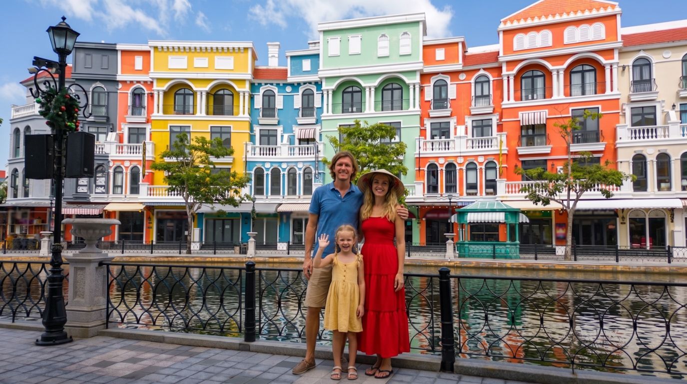 International tourists taking a family photo along the Venice-inspired canal and colorful buildings at Grand World Phu Quoc