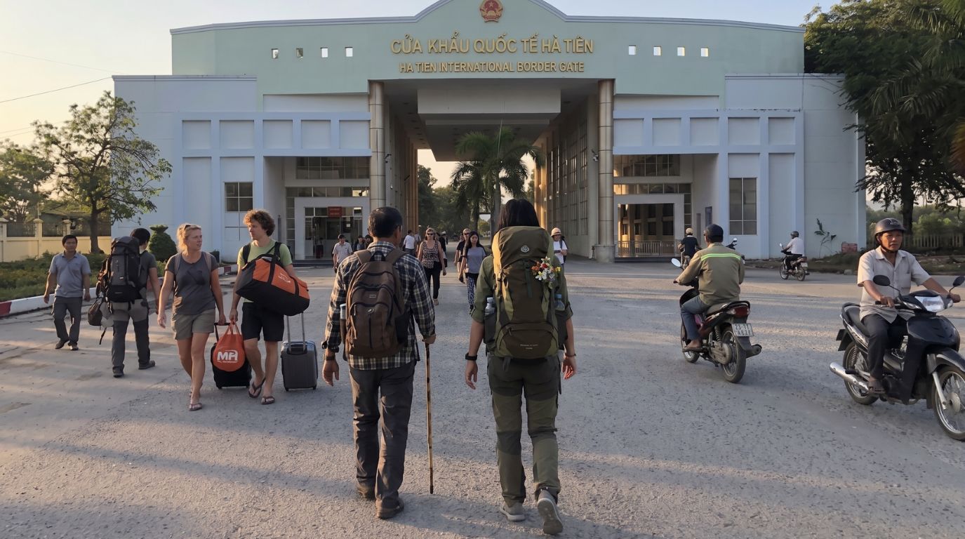 International travelers crossing the Ha Tien border gate from Vietnam to Kampot, Cambodia