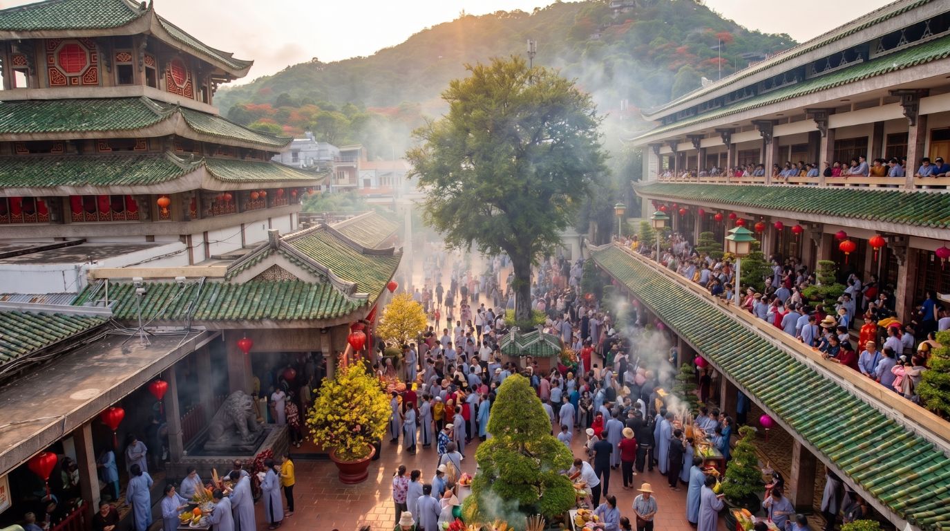 Locals and tourists visiting Ba Chua Xu Temple in Chau Doc during a busy cultural festival