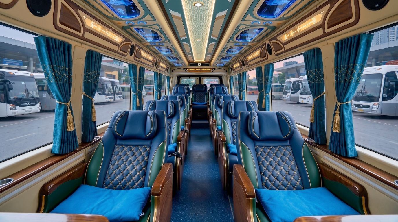 Luxurious interior of a VIP limousine sleeper bus with spacious blue leather massage seats for comfortable long-distance travel in Ha Giang