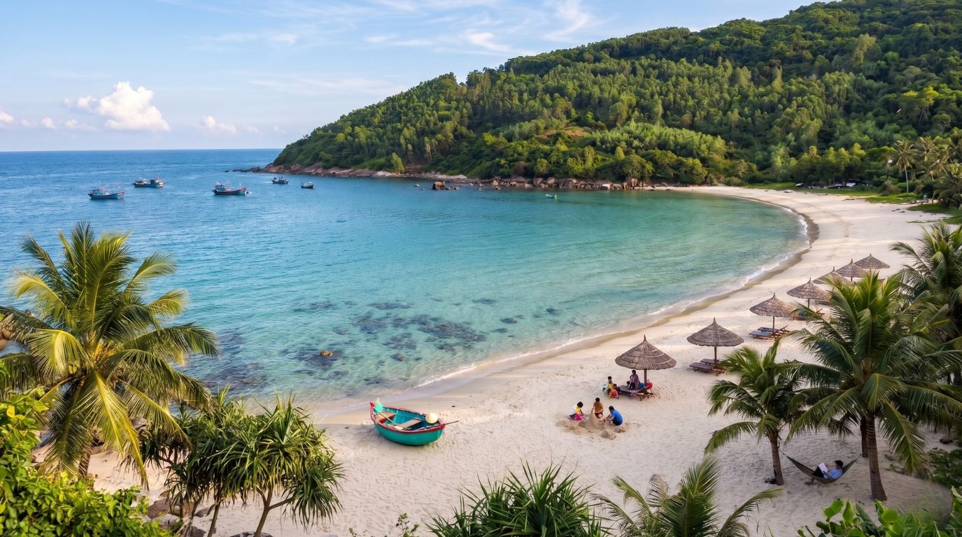 Non Nước beach with white sand, palm umbrellas, and traditional wooden boats on clear water