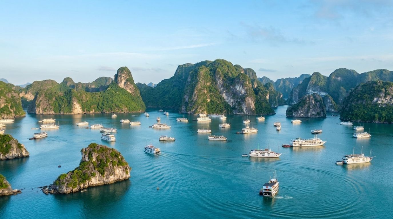 Panoramic aerial view of numerous white cruise ships sailing through the emerald waters and iconic limestone karsts of Halong Bay