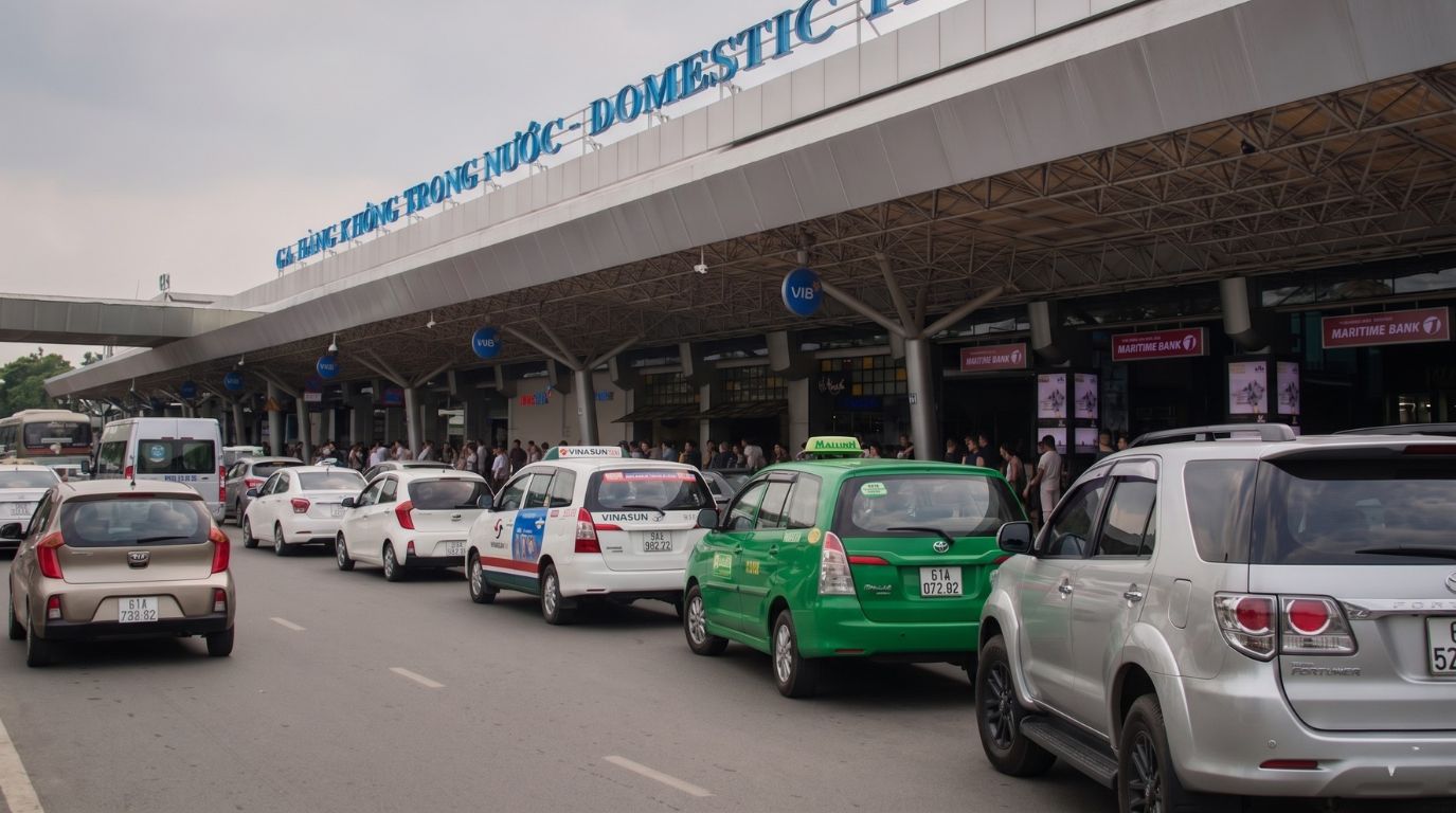Passengers and taxis outside the busy Tan Son Nhat Domestic Terminal (SGN) in Ho Chi Minh City