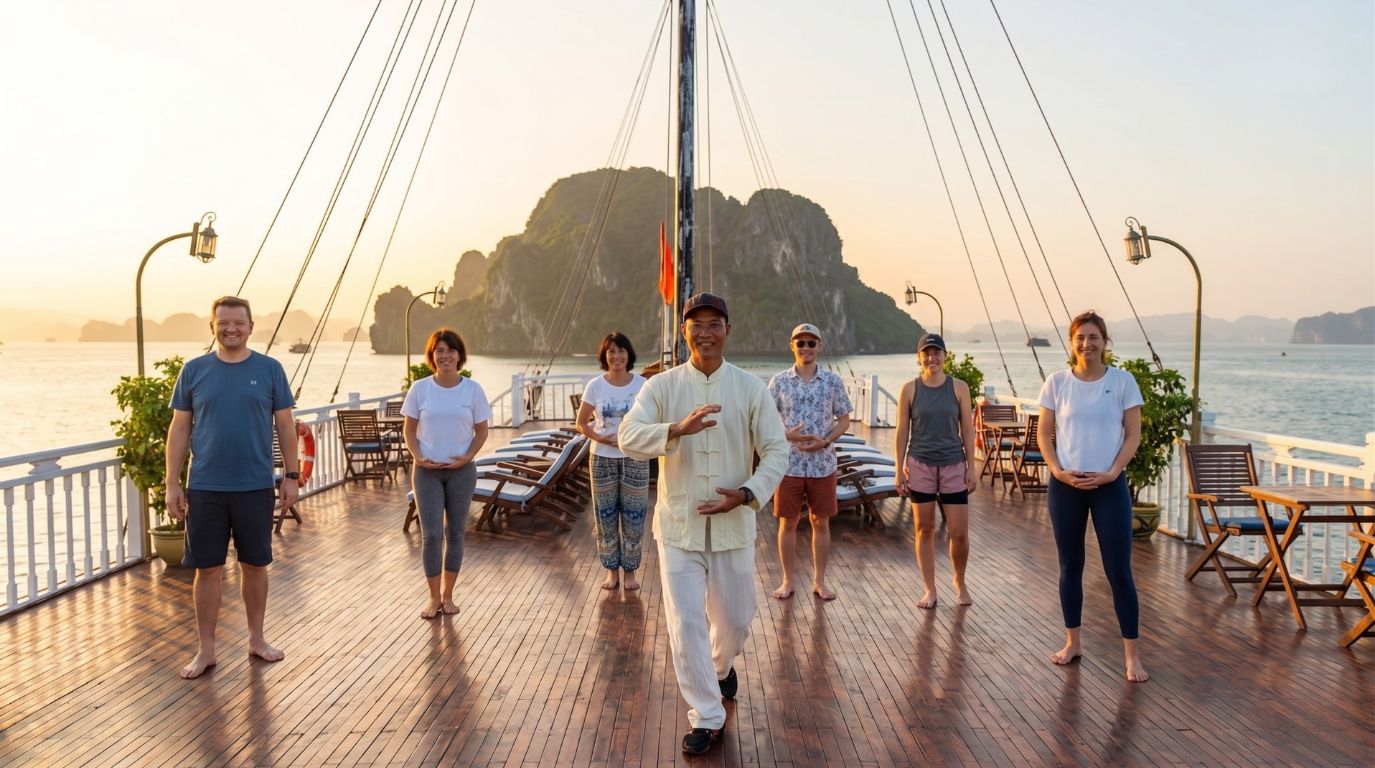 Passengers participating in a morning Tai Chi session on the wooden sundeck of an Indochina Voyages cruise in Halong Bay