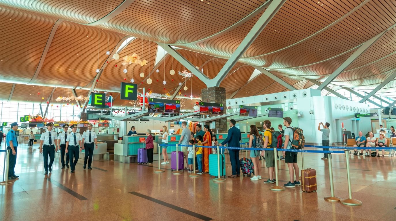 Passengers waiting in line at the check-in counters inside the modern Cam Ranh International Airport terminal serving Nha Trang