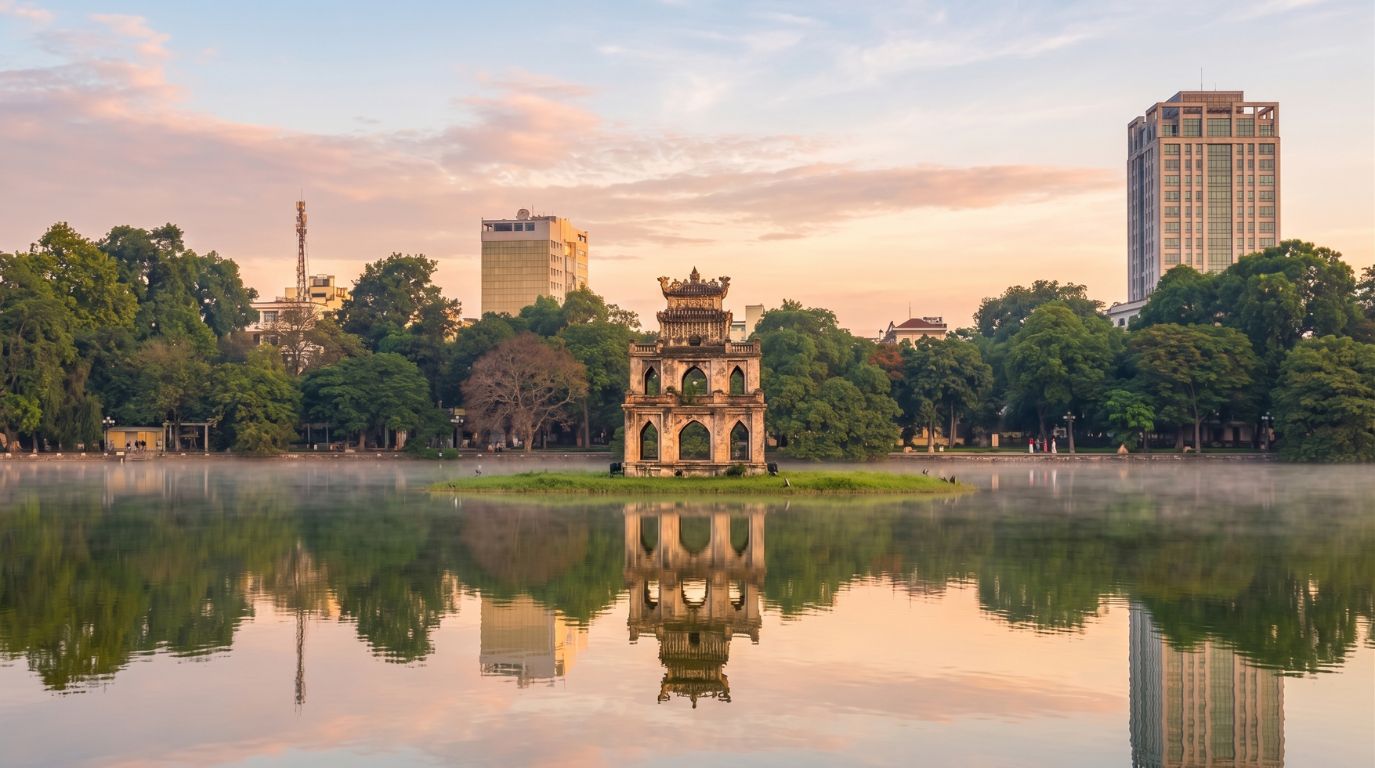 Peaceful morning view of the historic Turtle Tower reflecting on the calm, misty waters of Hoan Kiem Lake in the heart of Hanoi