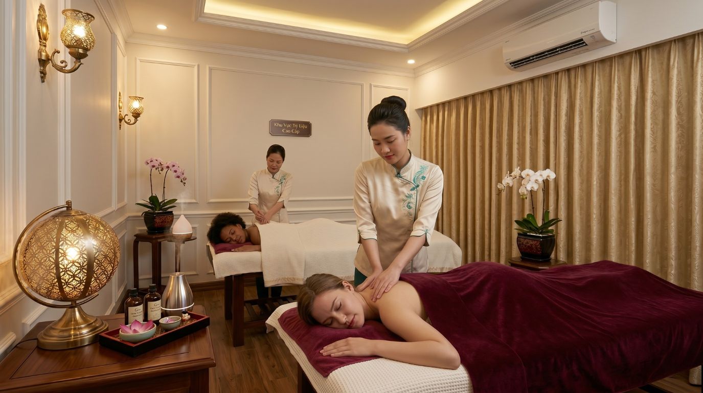 Professional therapists providing a relaxing luxury massage treatment for two women in a premium wellness center