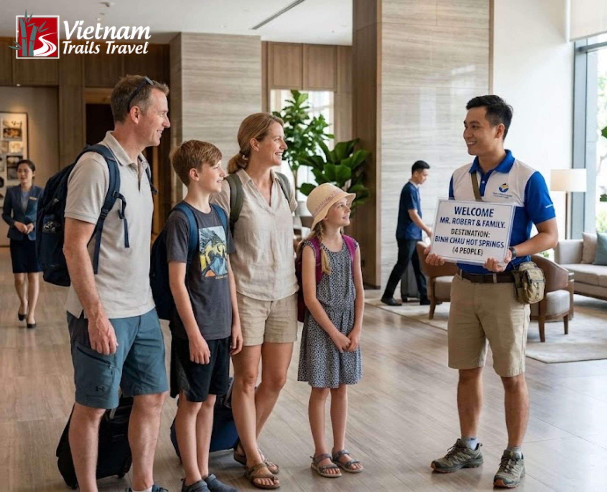 Professional tour guide welcoming a family at their hotel for a private excursion to Binh Chau Hot Spring