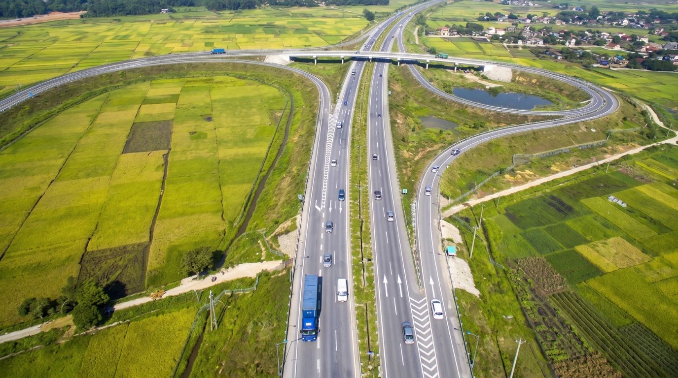Scenic drive along the Nội Bài–Lào Cai expressway surrounded by ripe rice fields