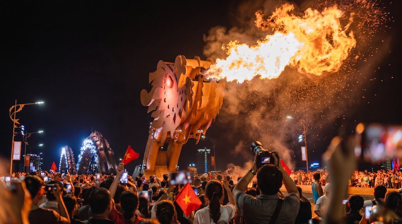 Spectacular nighttime fire show at the iconic Da Nang Dragon Bridge