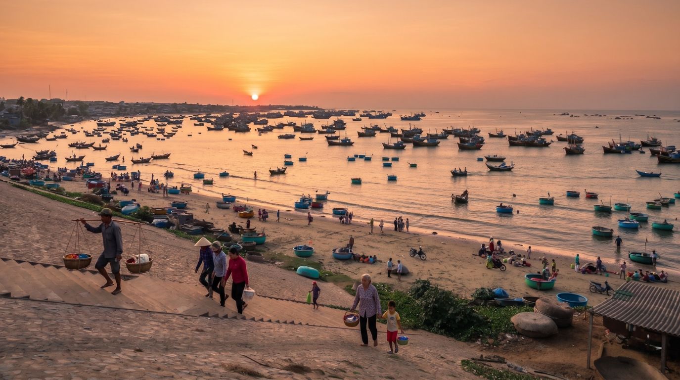 Spectacular sunrise over the traditional Mui Ne Fishing Village in Phan Thiet, filled with colorful basket boats