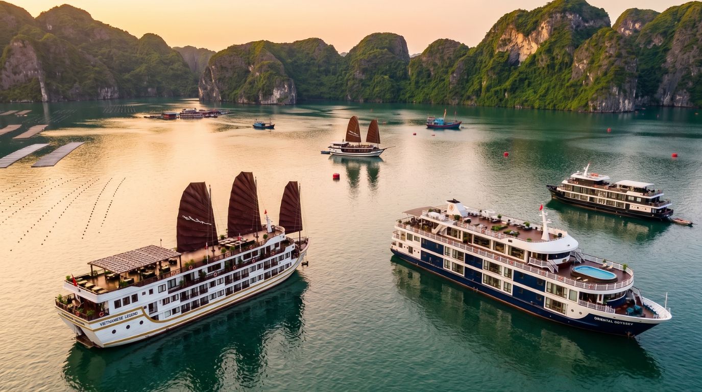 Stunning aerial sunset view of luxury cruise ships and traditional wooden boats sailing through the majestic limestone islands of Ha Long Bay