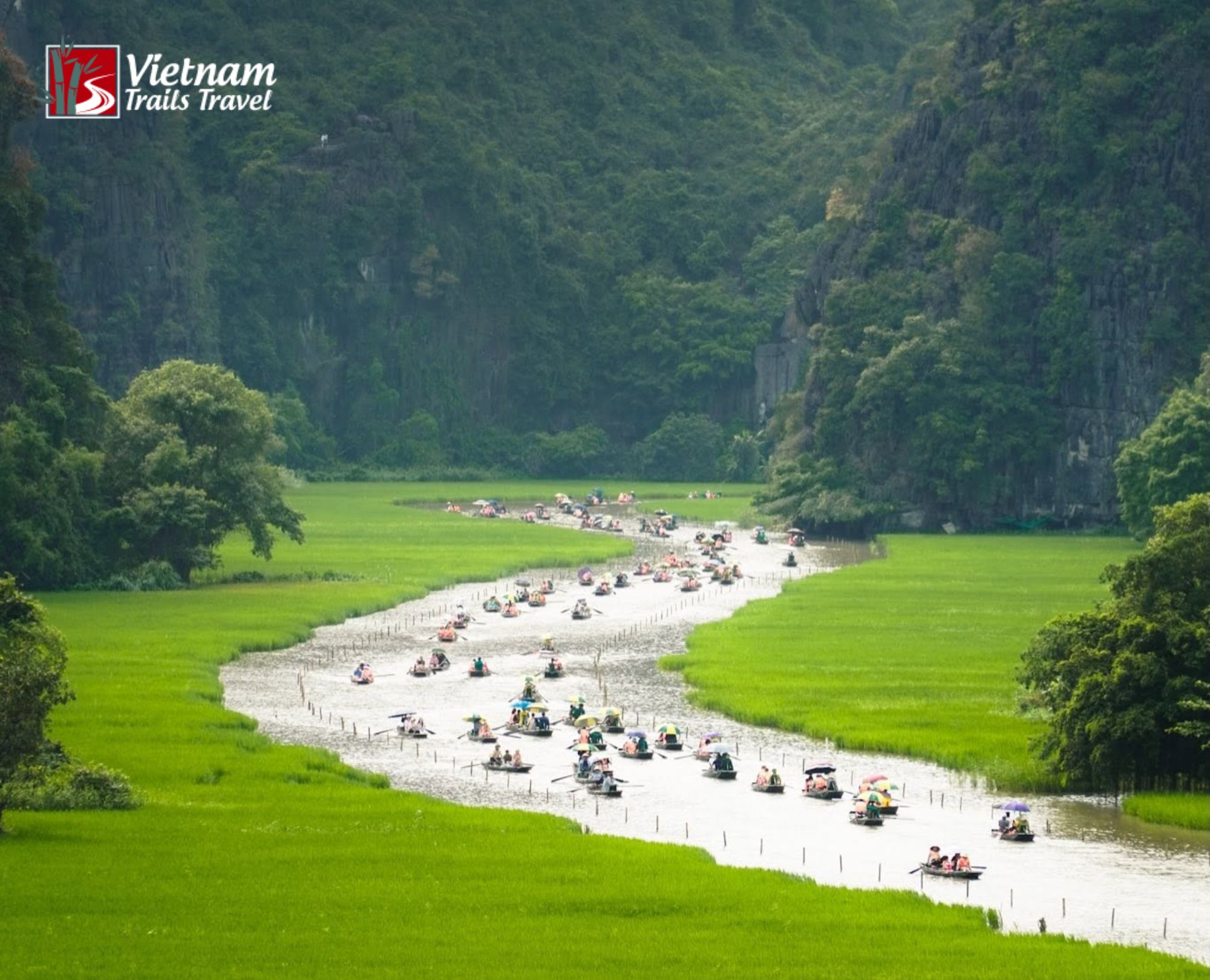Tam Coc boat ride on winding river through lush rice paddies and limestone mountains in Ninh Binh