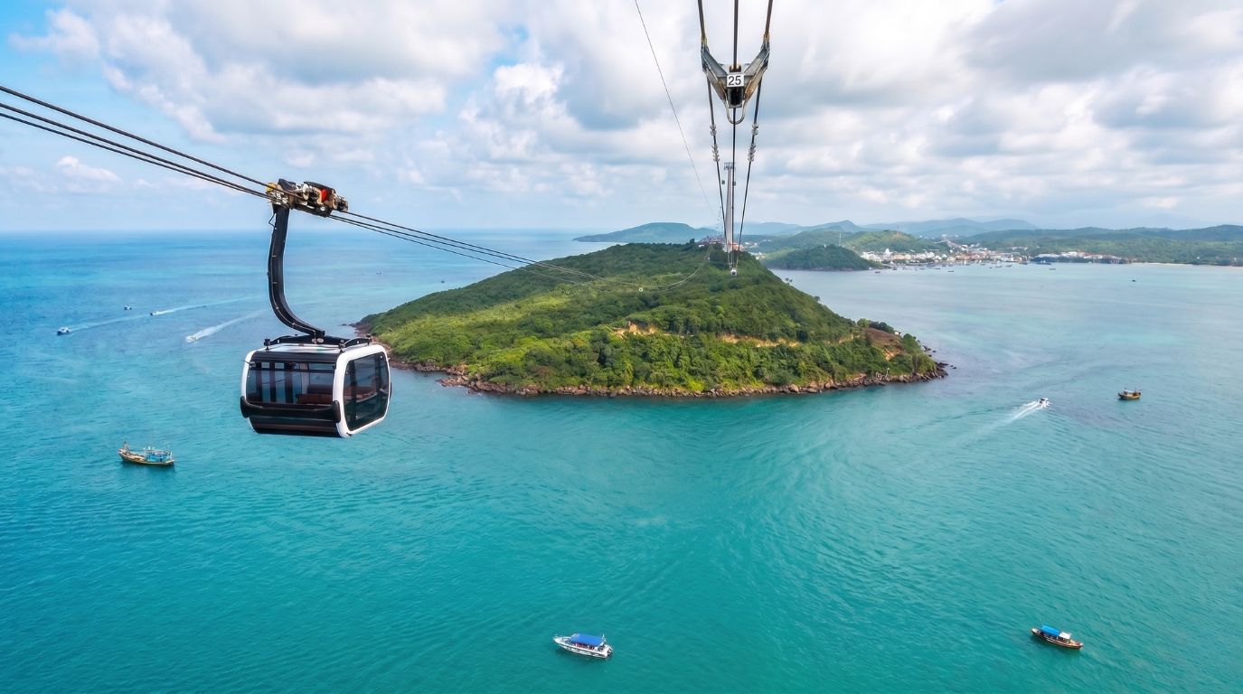 The famous Hon Thom cable car riding over the vibrant blue sea in Phu Quoc, Vietnam