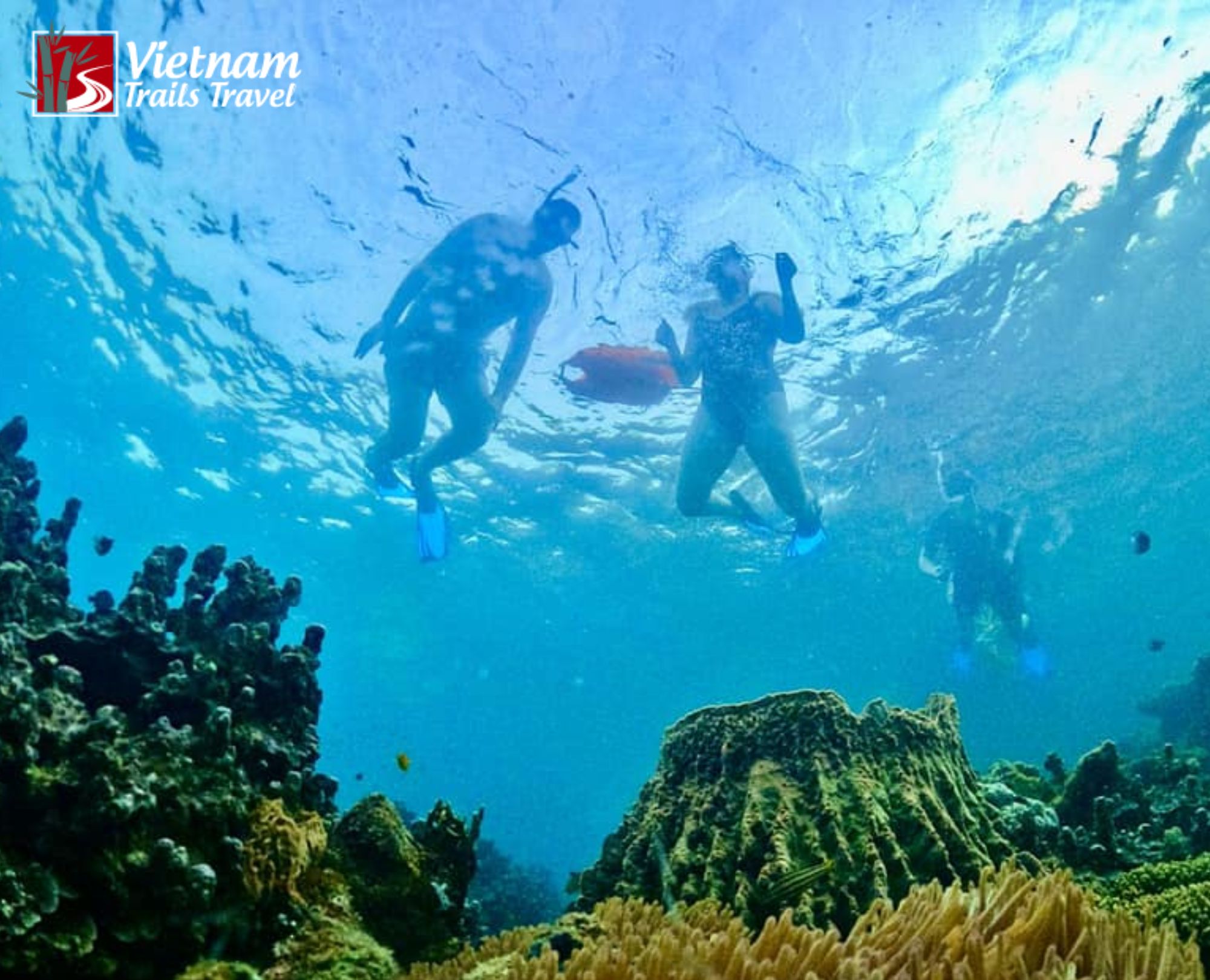 Three snorkelers explore a vibrant coral reef with colorful formations and small fish in the clear blue waters of Xuong Island