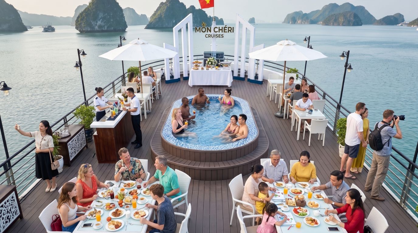 Tourists enjoying a buffet meal and relaxing in an outdoor jacuzzi pool on the rooftop deck of Mon Cheri Cruises