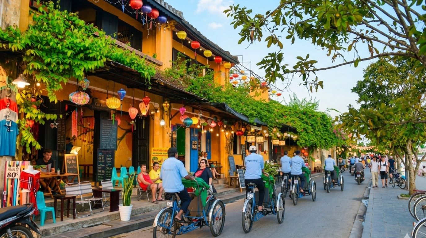 Tourists enjoying a relaxing cyclo ride past heritage yellow buildings covered in green vines in Hoi An
