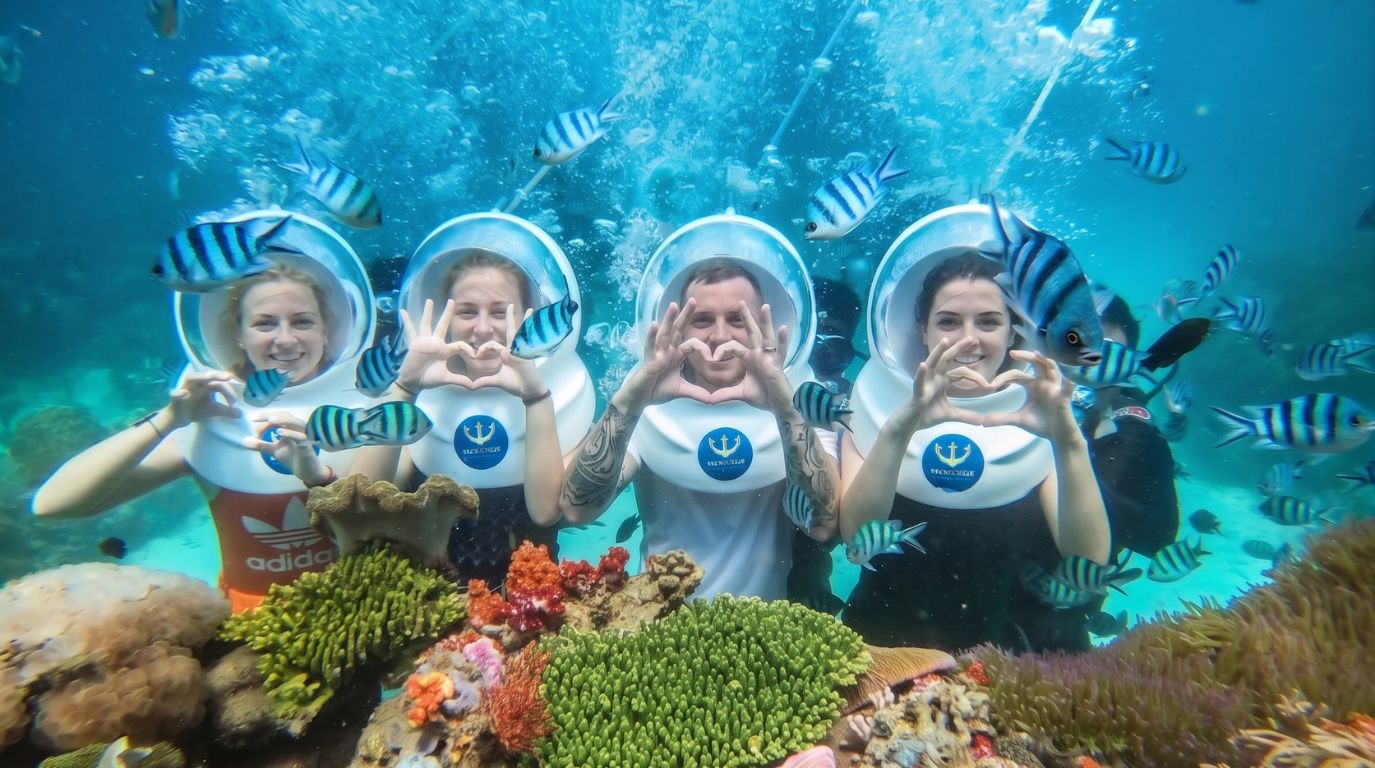 Tourists experiencing an underwater sea walking tour, wearing diving helmets to explore colorful coral reefs and tropical fish in Nha Trang