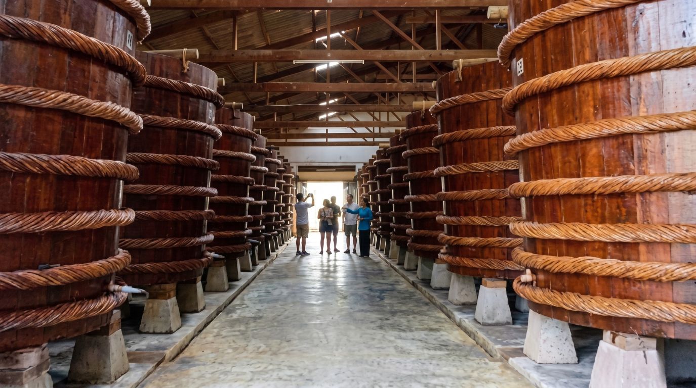 Tourists exploring a traditional Phu Quoc fish sauce factory, viewing massive wooden fermentation barrels