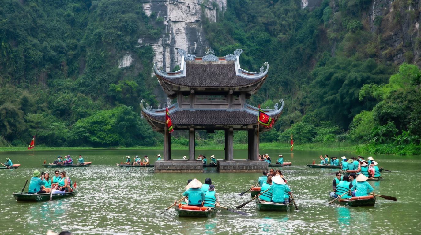 Tourists on traditional rowboats exploring the scenic waterways and historic water pavilion at Trang An Landscape Complex