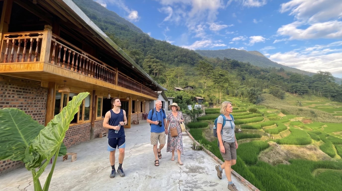 Tourists staying at a local wooden homestay overlooking beautiful green terraced rice fields in Sapa