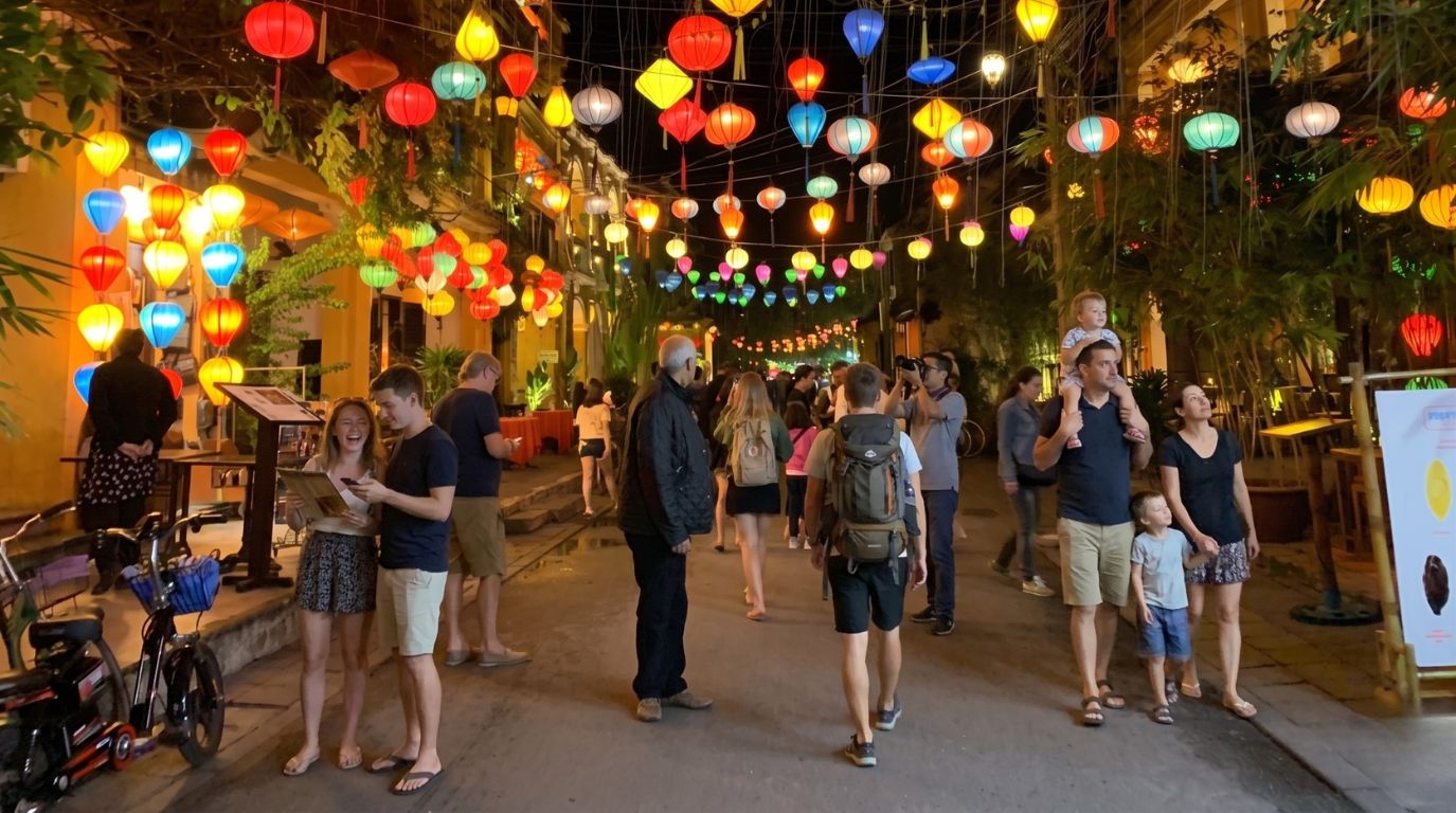 Tourists strolling through a lively pedestrian street illuminated by hundreds of glowing colorful silk lanterns at night in Hoi An