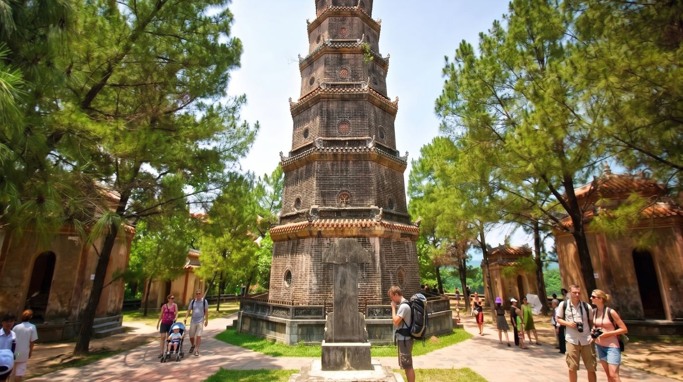 Tourists visiting the historic seven-story Thien Mu Pagoda, a famous religious and cultural landmark on the Perfume River in Hue