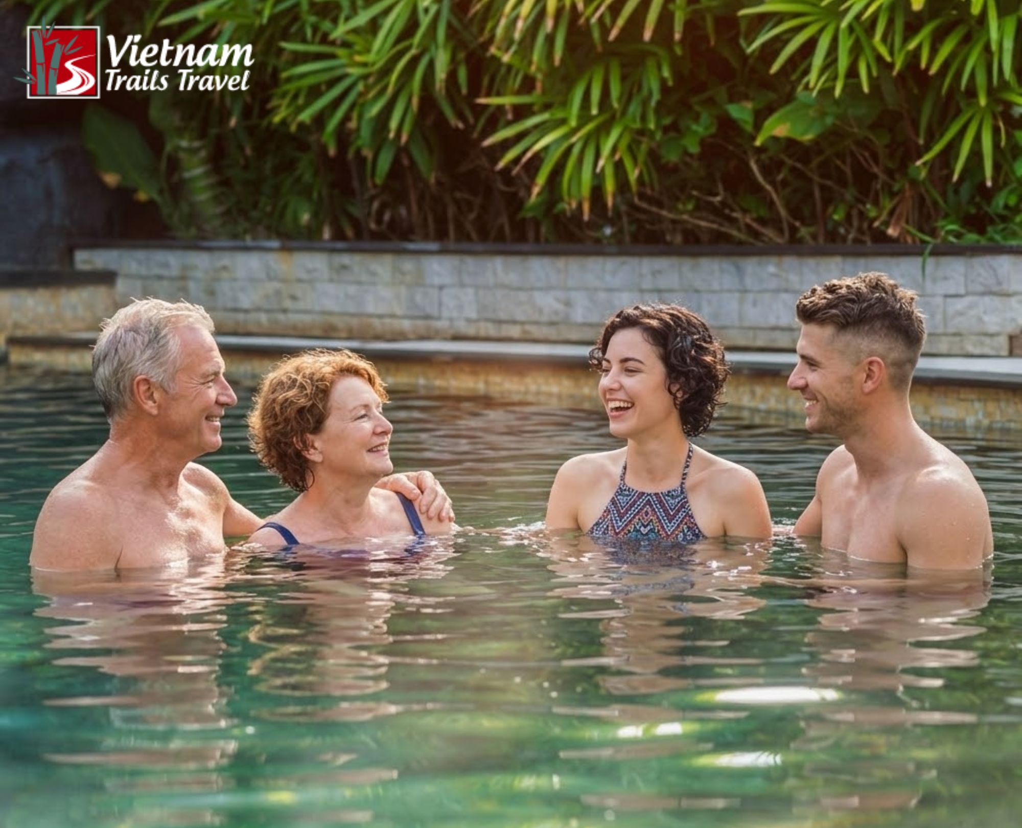 Travelers enjoying the healing mineral water in a lush garden setting at Binh Chau Hot Spring resort