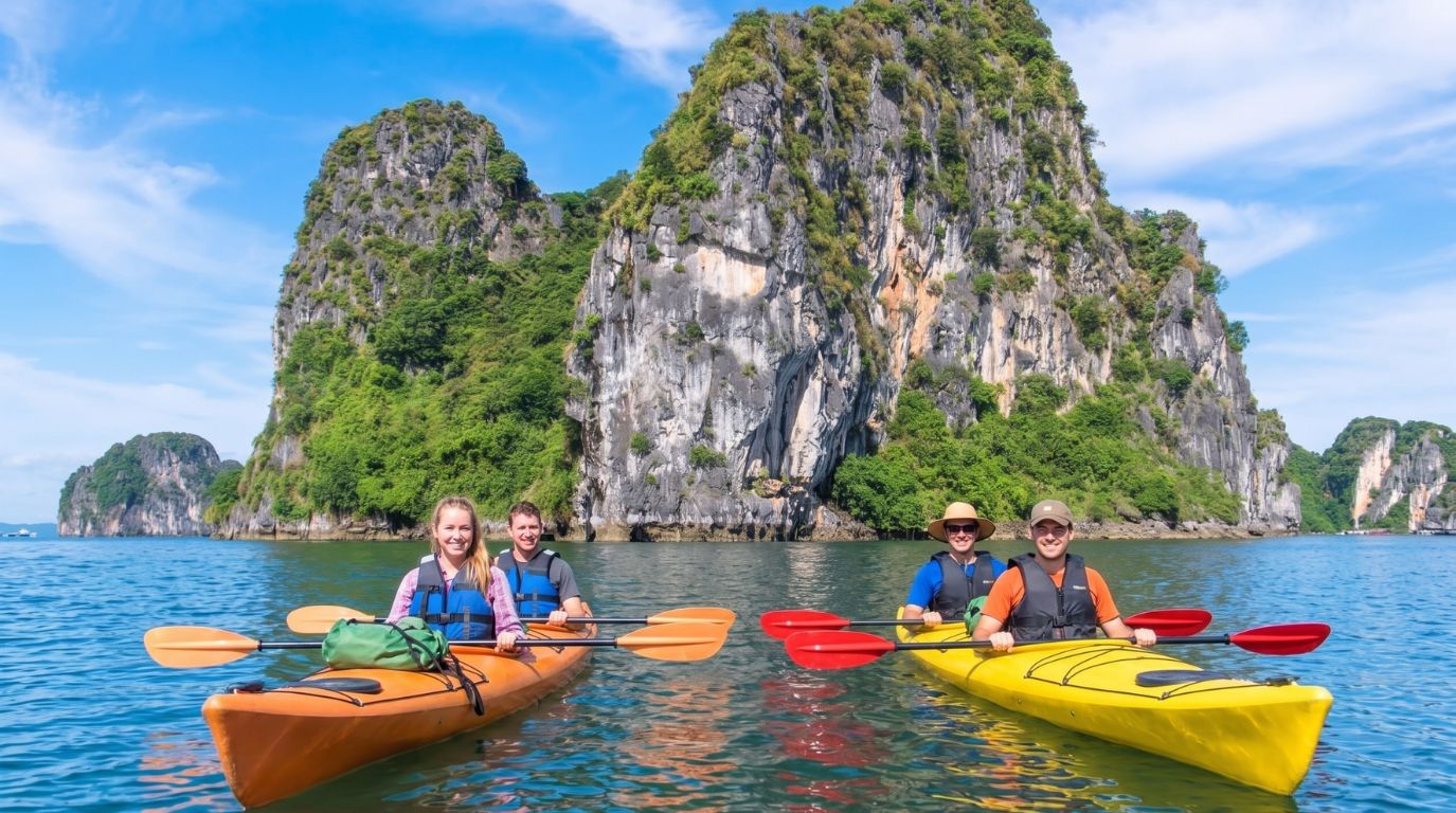 Two smiling couples paddling yellow and orange kayaks on emerald waters, surrounded by majestic limestone islands in Halong Bay