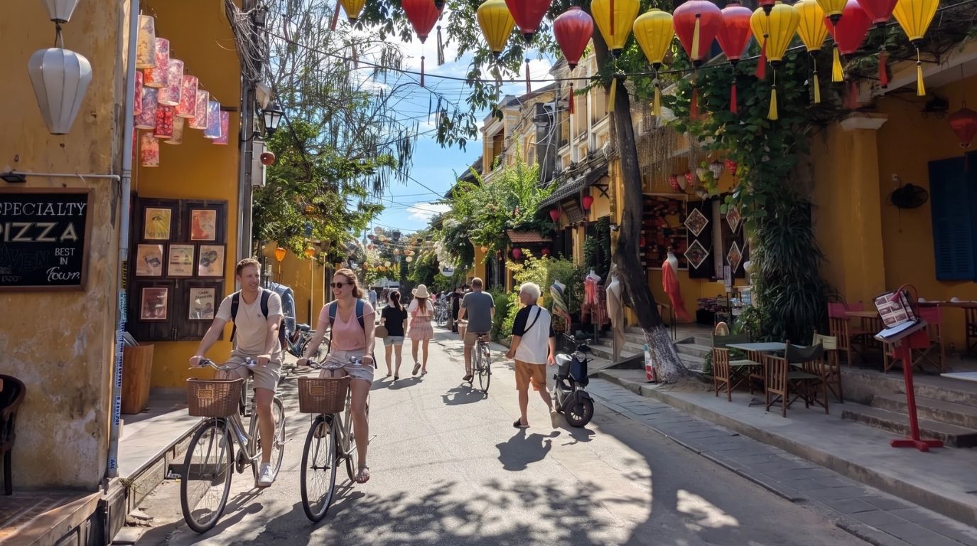 Two tourists riding bicycles through the historic yellow streets of Hoi An Ancient Town under colorful silk lanterns