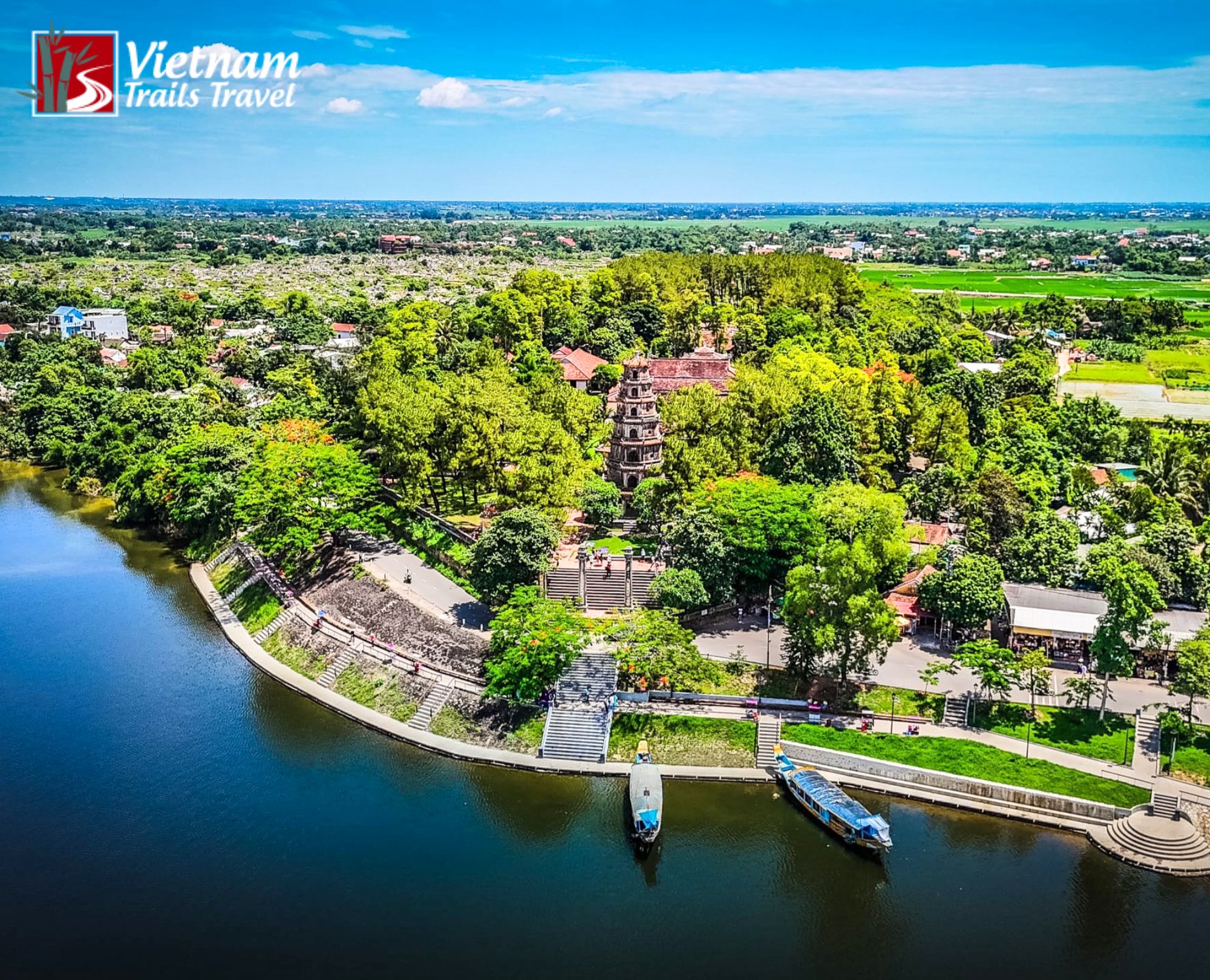 Aerial view of Thien Mu Pagoda on the Perfume River, Hue