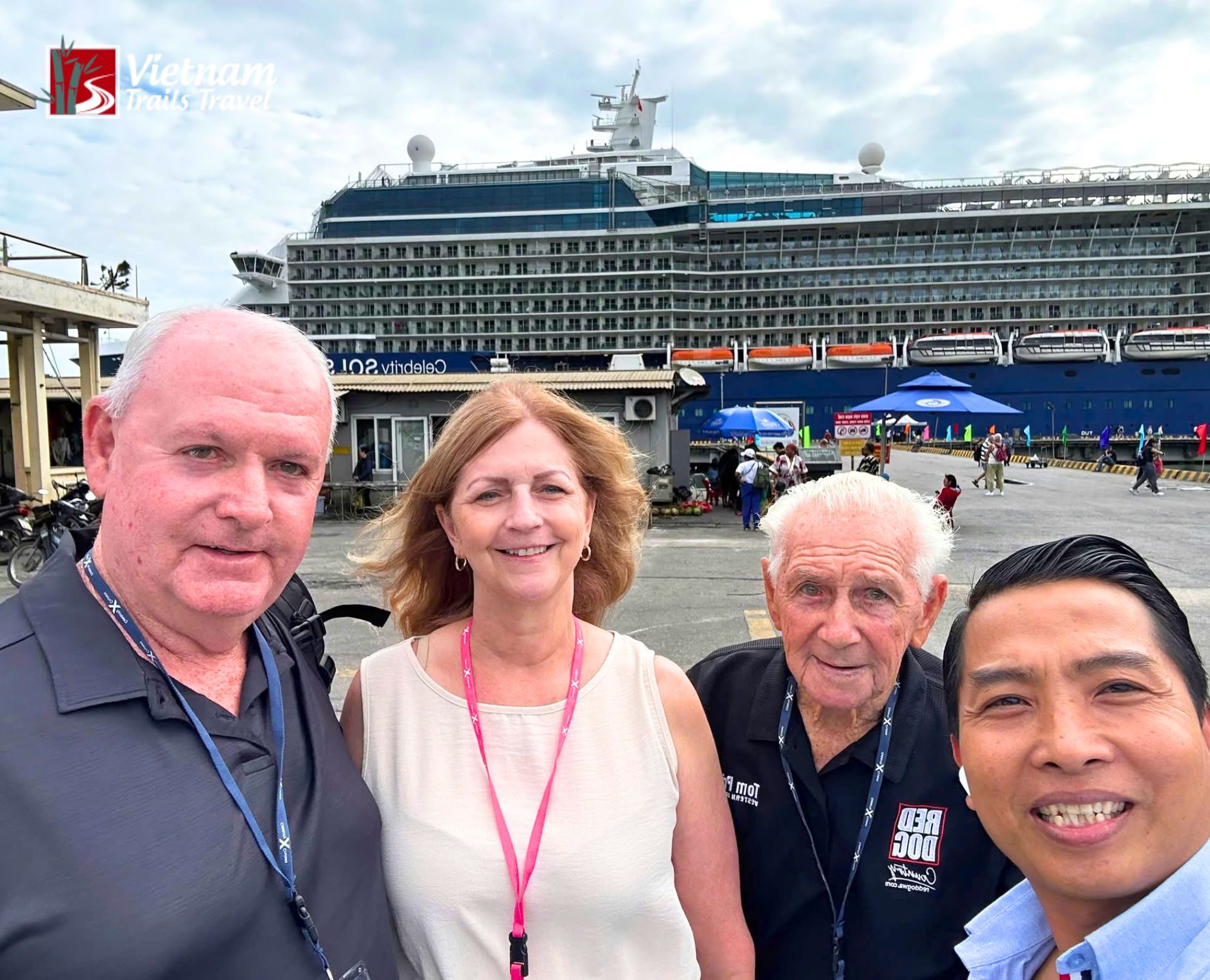 Vietnam Trails Travel guide bidding farewell to cruise passengers at Chan May Port after Ba Na Hills tour