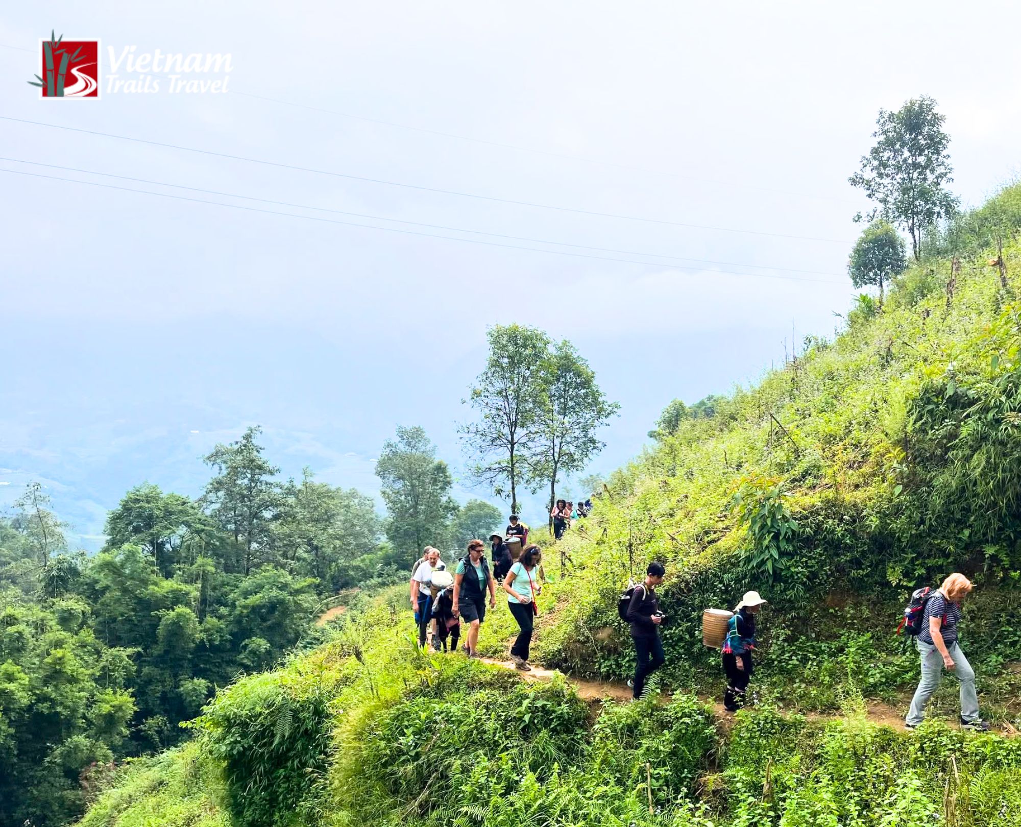 Hikers following the curving dirt path through mist covered hills during their immersive Sapa Trekking Tour experience