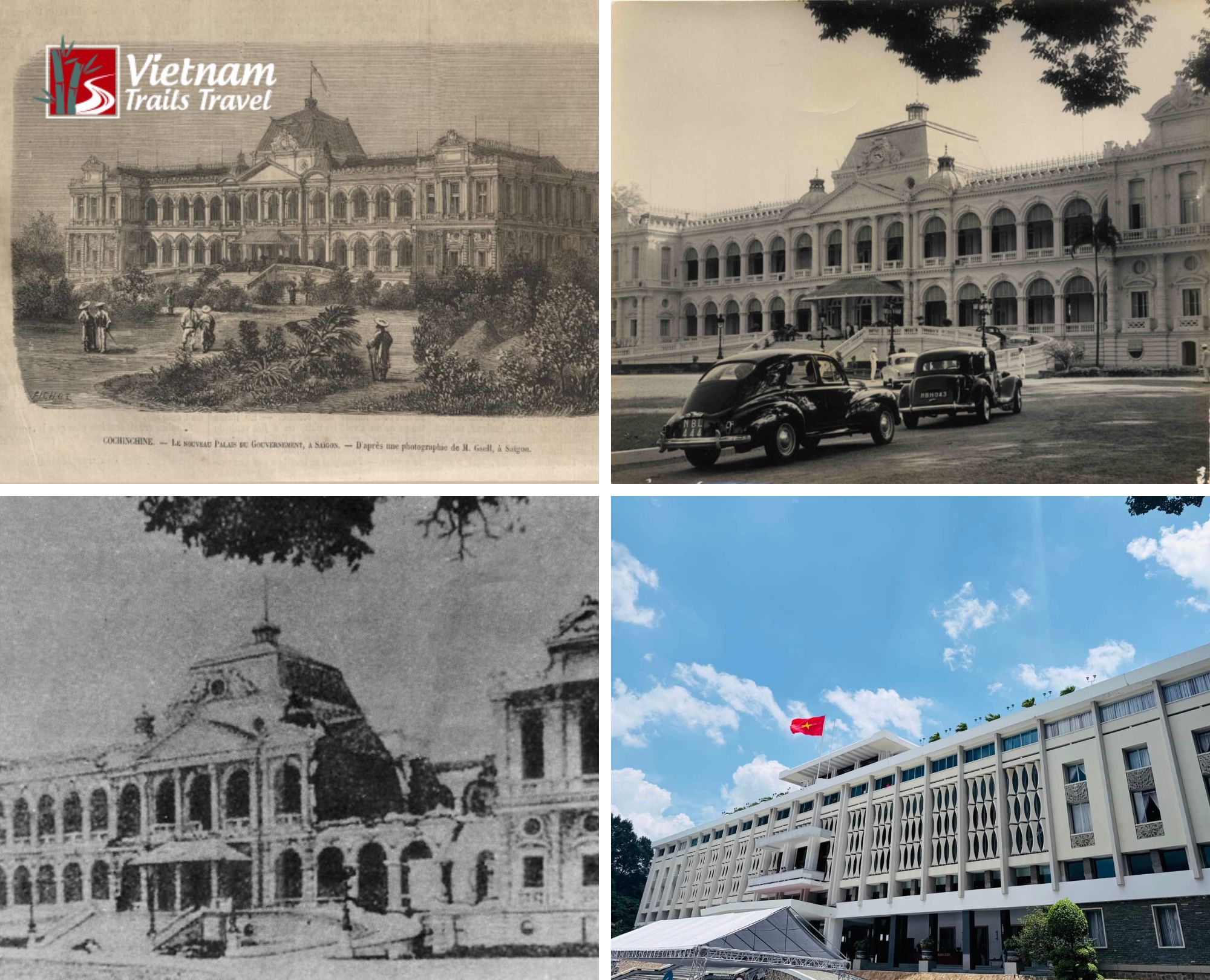 Historical evolution of Independence Palace from a French colonial engraving with people walking to the modern day Reunification Palace under a blue sky
