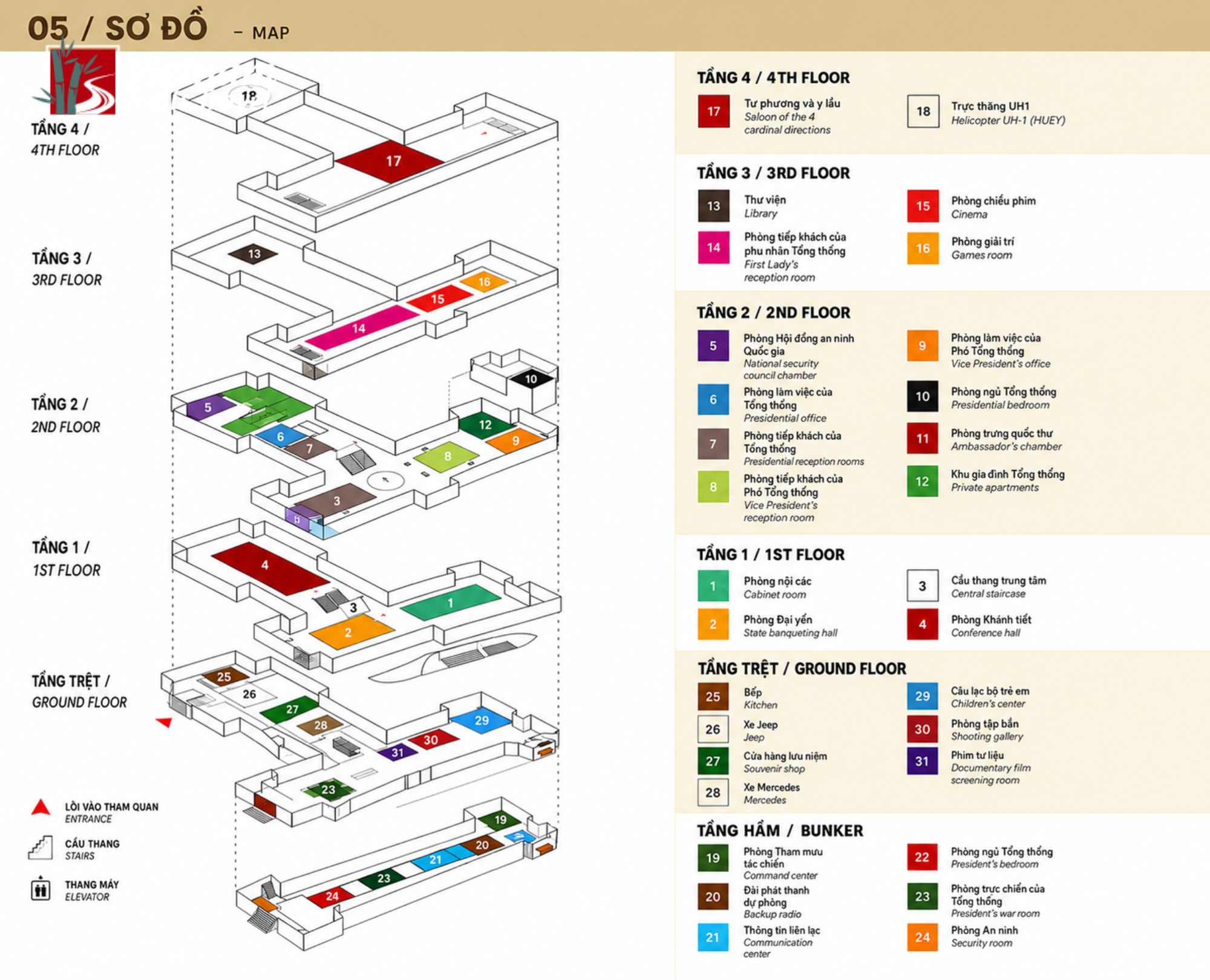 Isometric multilevel floor plan of Independence Palace showing the ground floor through fourth floor plus the underground bunker with numbered rooms